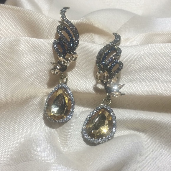 Gold Tone Crystal Gemstone Teardrop Earrings - Picture 2 of 4